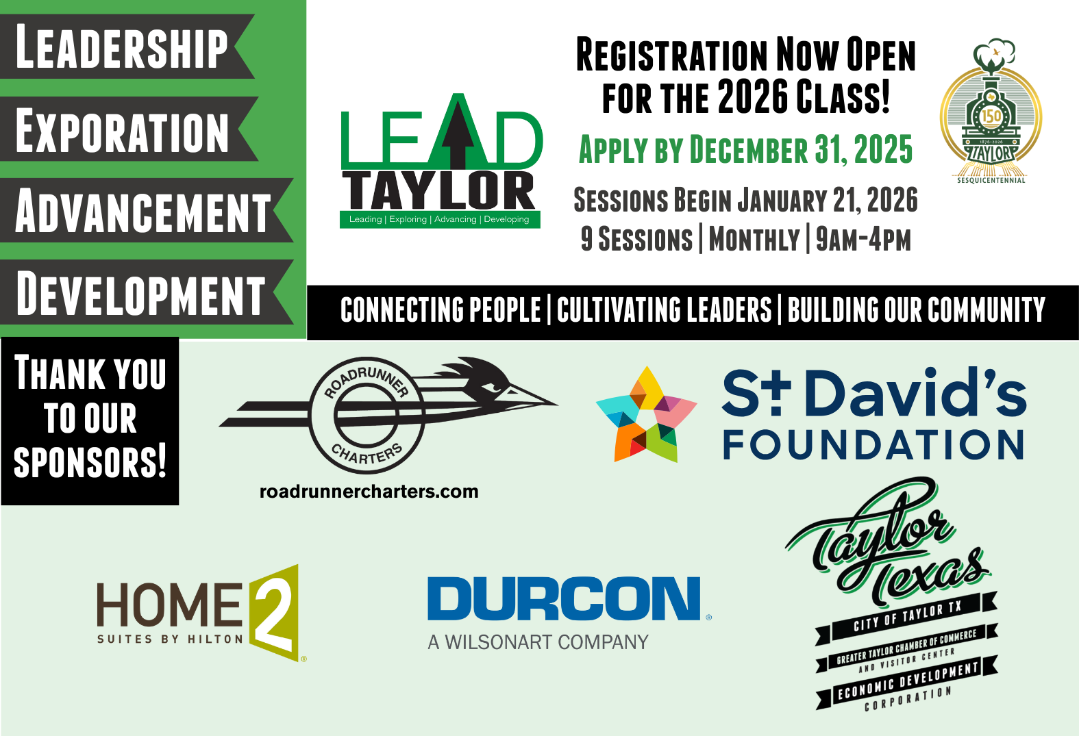 LEAD Taylor sponsored by Home 2 Suites, Roadrunner, Durcon, and St Davids Foundation