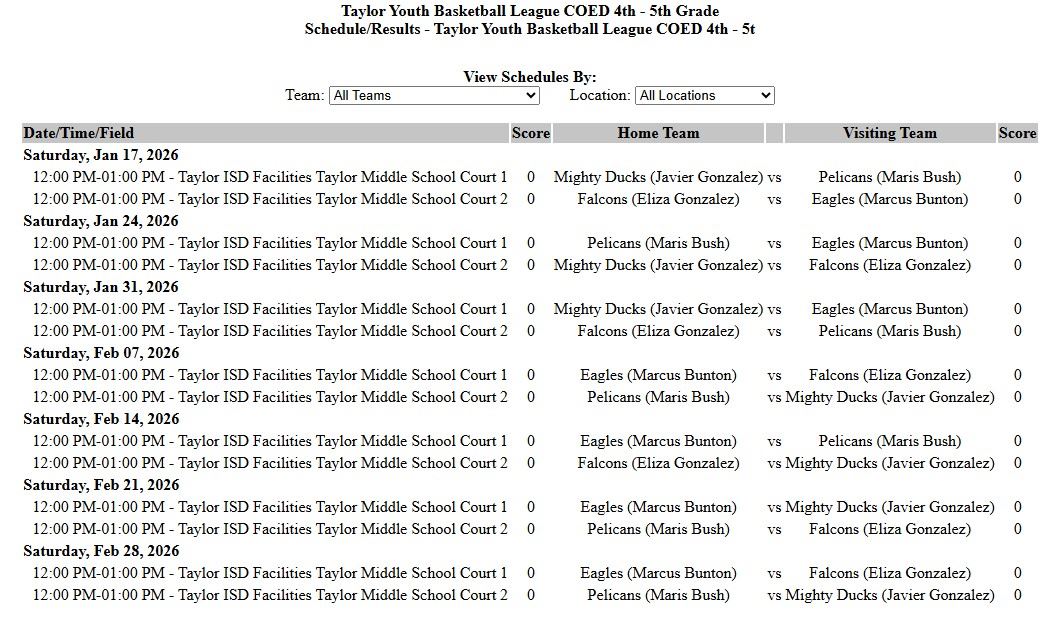 4th - 5th Grade Game Schedule
